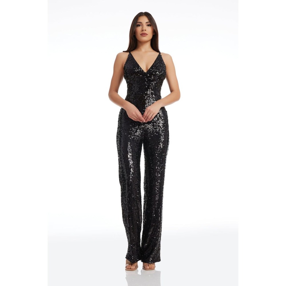 Dress The Population Lucinda Sequin Jumpsuit Black Pearl V-Neck Straight Leg L